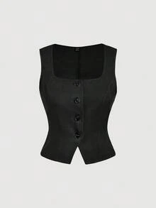 SHEIN MOD 休闲、舒适、通勤、复古风格的背心西装外套，非常适合秋冬季学校服装、教学和办公室穿着 - 黑色 - 查看 1