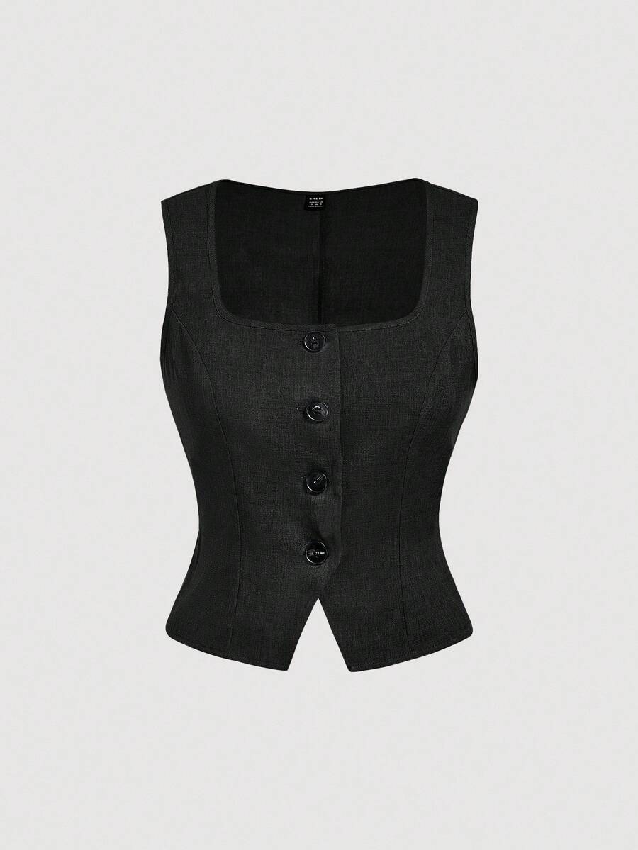 SHEIN MOD 休闲、舒适、通勤、复古风格的背心西装外套，非常适合秋冬季学校服装、教学和办公室穿着 - 黑色 - 查看 1