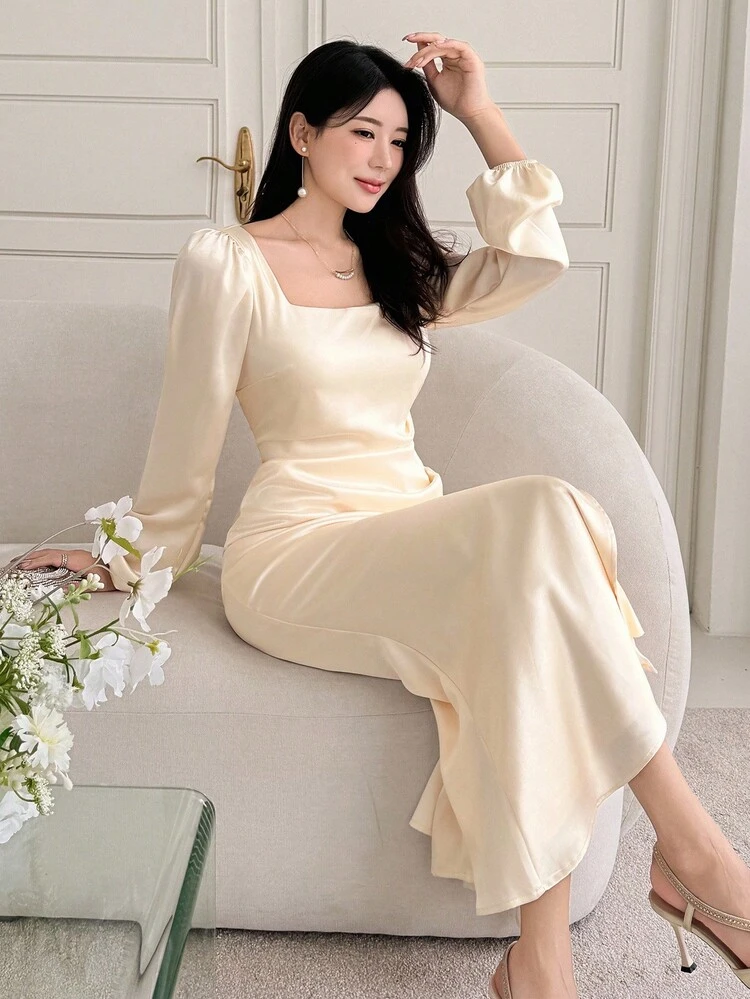 Women's Elegant Split Neckline Mid-Length Dress, Autumn