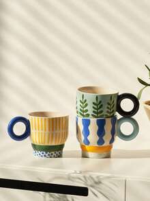 1pc 300ml Original Hand-Painted Ceramic Mug, Creative Household/Office Coffee Cup, Beautiful Tea Cup, Couple Water Cup Back To School - Multicolor - View 5