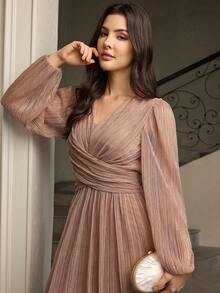 ZEYLAH 优雅派对闪光V领褶饰腰部连衣裙 - 藕粉色 - 查看 5