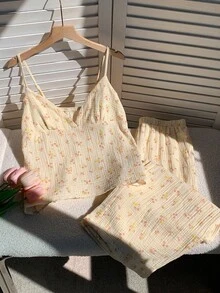 Comfortcana 杏色梭织吊带背心+阔腿碎花裤浪漫家居服套装 - 杏色 - 查看 4