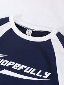 SHEIN Sparklyn 2件組青少年女孩運動休閒套裝，拼色圓領長袖字母印花衛衣搭配寬腿長褲，秋冬款 - 藍色 - 查看 8