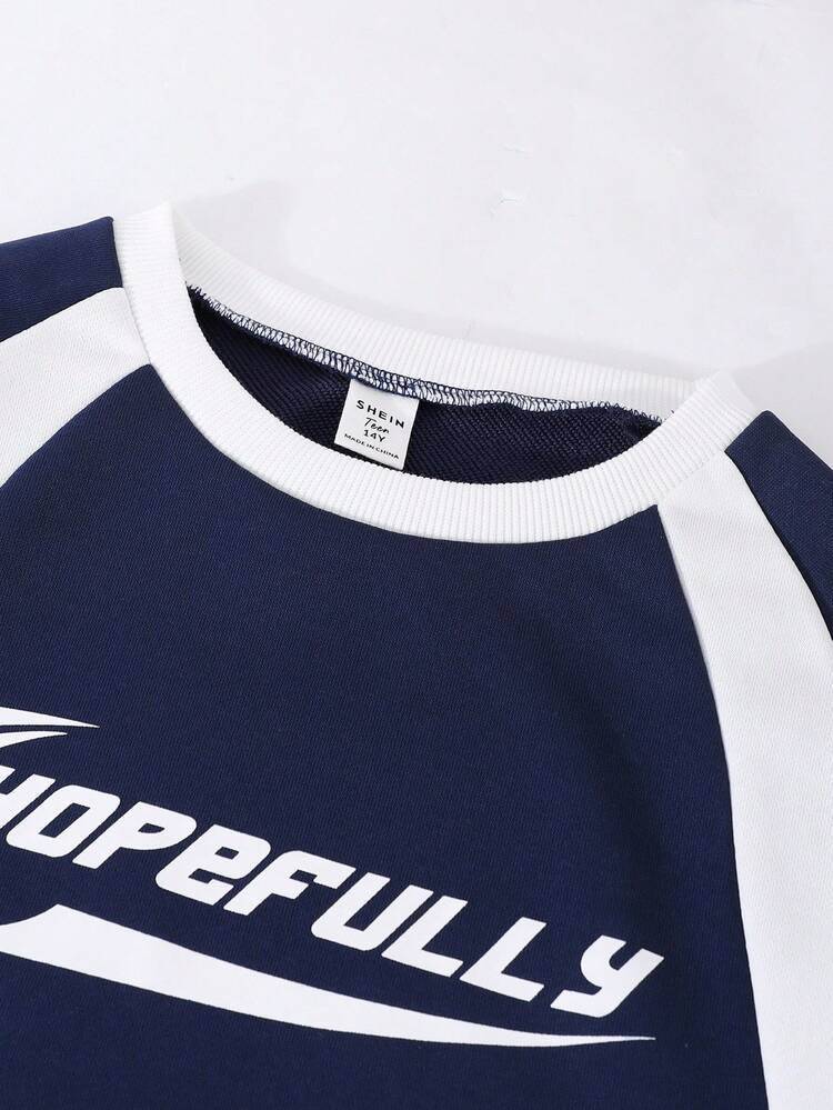 Sparklyn 2 sztuki/zestaw sportowego, swobodnego stroju dla nastoletnich dziewcząt, bluza z długim rękawem i okrągłym dekoltem w blokach kolorów, z nadrukiem w litery i szerokimi nogawkami - Niebieski - Zobacz 7