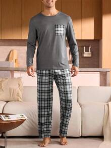Manfinity Underwear&Sleepwear Basics Plus Size Men's Plaid Pocket Long Sleeve Pajama Set - Grey - View 5