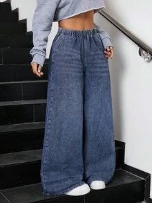 SHEIN Jeans azules de pierna recta y holgados para adolescentes - Azul lavado oscuro - Ver 5