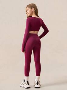 SHEIN 青少年女孩两件套红色服装，鱼骨长袖 T 恤和紧身裤，休闲时尚运动时尚校园风格长袖 T 恤和紧身裤套装，栗色 - 紫色 - 查看 3