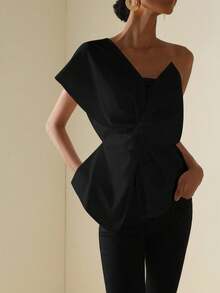 Vesra Women's Fashion Solid Color Twist Asymmetrical Shoulder Shirt One Shoulder Tops - Black - View 6