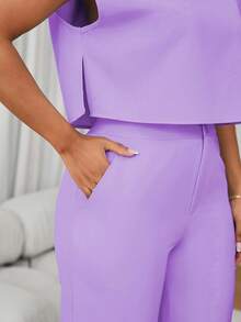 SHEIN Lunessa Bộ 2 món đồ thời trang nữ cổ tròn tay ngắn kiểu Pháp thường ngày và quần ống rộng cạp cao - Màu tím - Xem 7