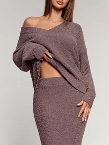 SHEIN BAE Women's Regular V-Neck Long Sleeve Sweater And Knitted Fish Tail Skirt Casual Suit, Autumn,Winter,Winter Clothes ,Winter Clothes For Women,Fall Clothes For Women ,Halloween,Christmas , New Year ,Thanksgiving, Party ,