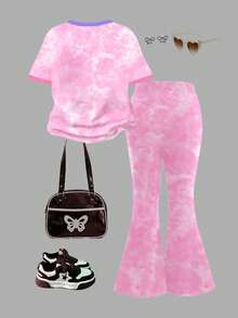 SHEIN Cute Cartoon Blue Rabbit Lulu, Stitch Pattern, Fresh Pink Tie-Dye, Contrast Trim, Young Girl Casual Cartoon Pattern Round Neck Short Sleeve Top And Flare Pants 2-Piece Set, Suitable For Summer - Multicolor - View 2