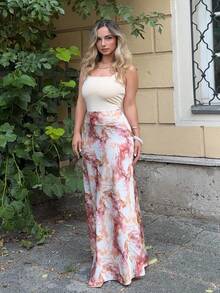 Jeta Ari 女士优雅百搭 A 字型中长裙，带圆点印花缎面长裙，女士服装 - 咖啡棕 - 查看 5