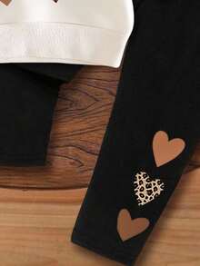 2pcs Baby Girl Casual Leopard Print Heart Pattern Loose Knitted Soft Thickened Crew Neck Long Sleeve Sweatshirt And Leggings Set, Suitable For Autumn And Winter