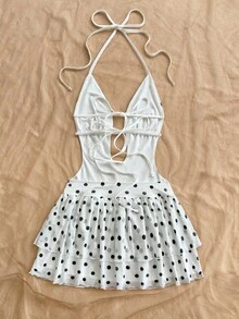 Soleia 女式复古扎染印花深 V 领露背系带荷叶边下摆紧身迷你连衣裙，适合派对、性感约会、下午茶、街头、城市度假、音乐节、夏季海滩 - 黑與白 - 查看 2