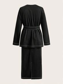 Modelyn 2件套女士通勤束腰衬衫和中长裙 - 黑色 - 查看 3