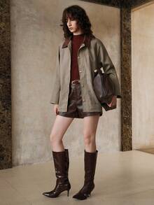 Revavyn 复古格子领拼布撞色高端时尚优雅百搭通勤设计夹克 - 咖啡棕 - 查看 2