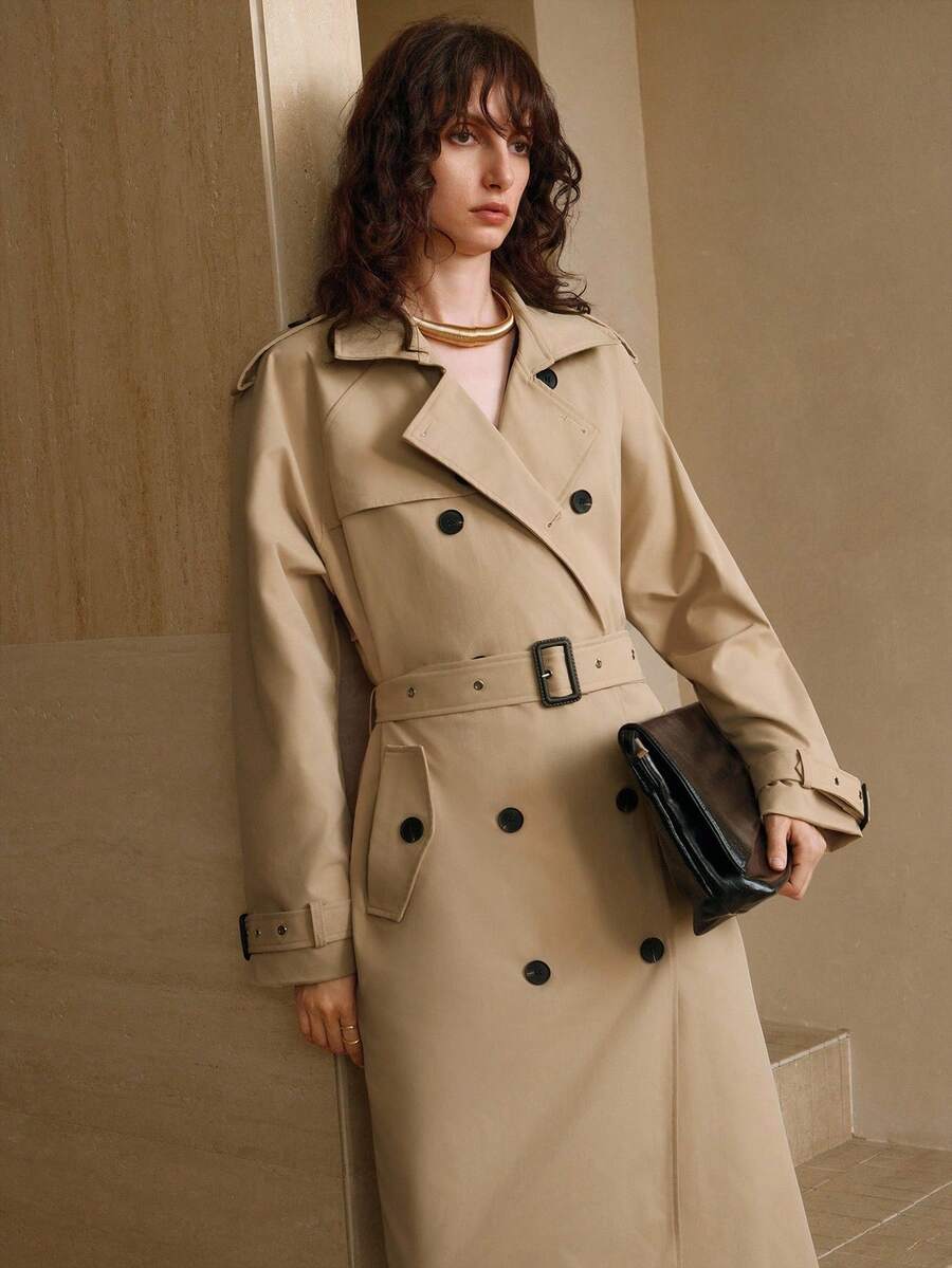 Arave Women's A-Line Silhouette With Raglan Shoulders, Apricot-Colored British Style, Large Lapel, Double-Breasted, Long Belt Design, Daily Commuting Trench Coat Fall Clothes For Women