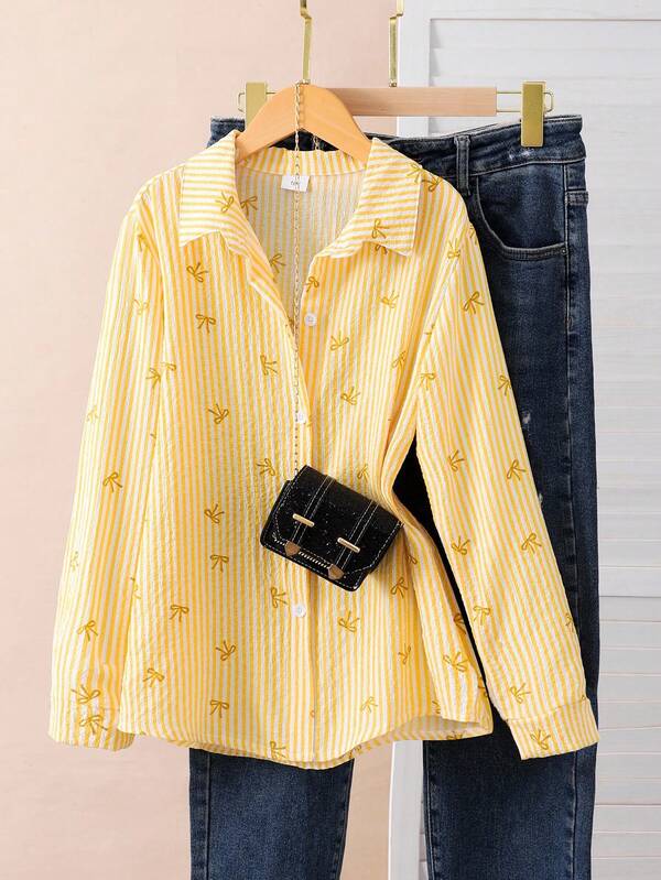 Sparklyn Y2K Style Girls' Butterfly & Striped Print Classic Shirt, Suitable For Daily Or School Wear, Can Be Paired With Jeans, Skirts, Or Camisoles For Back To School Outfits Yellow Long Sleeve Shirt For Teens Bow Print Shirt Fall Winter