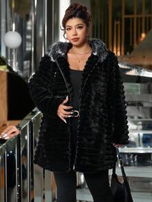 SHEIN Clasi Große Größen einfarbige Kapuzenjacke mit Kunstpelz, modisch für Herbst/Winter - Schwarz - Übersicht 6