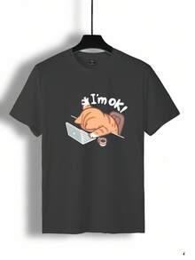 Chillumni 男士夏季字母卡通图案圆领短袖休闲T恤 - 深灰色 - 查看 7