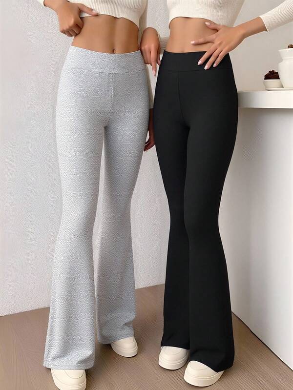 SHEIN Teen Girl Black & Heather Grey Flare Leggings, Versatile & Classic Combination Fall Winter