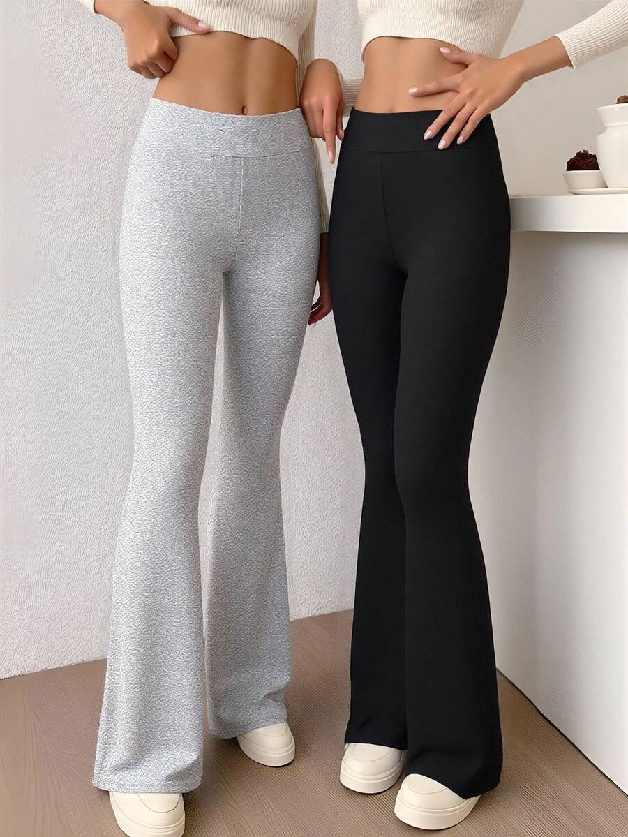 SHEIN Teen Girl Black & Heather Grey Flare Leggings, Versatile & Classic Combination Fall Winter