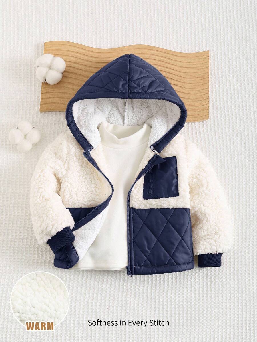 Cozy Pixies 男婴撞色连帽保暖内衬开衫，休闲百搭 - 藏蓝色 - 查看 1