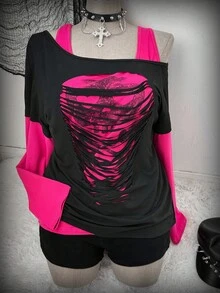 Sunspun Plus Size Oblique Shoulder 2 In 1 Skull Print Contrast Color Long Sleeve T-Shirt Vintage Fall Cloth For Women - Multicolor - View 4