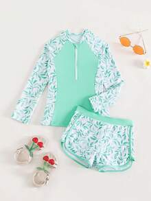 Tween Girl Plant Print Zipper Front Tankini Summer Beach