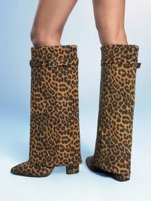 Sugerpunk Women's Buckle Closure Leopard Print Mid-High Heel Knee-High Boots - Multicolor - View 4