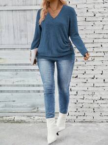 EMERY ROSE Damski sweter z dekoltem w serek, długim rękawem i ozdobnym guzikiem z boku, plisowany, miękki, dzianinowy, swobodny, jesień/zima