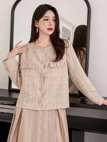 DAZY 女士休闲圆领口袋常规款夹克，秋季格子女式外套 - 粉色 - 查看 4