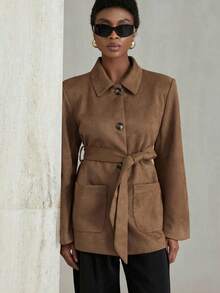 Aveloria Modichic 休闲复古系腰宽松落肩大口袋绒面革夹克 - 咖啡棕 - 查看 4