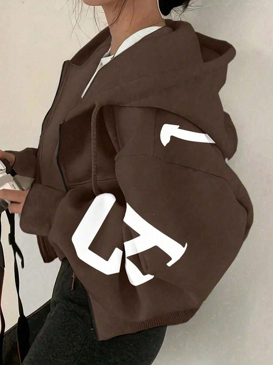 INAWLY Plus Size Casual Loose Sweatshirt With Zipper And Letter Print Graduation, Back To School Outfits, Graduation, Teacher Outfits For Women, Back To School - Brown - View 1