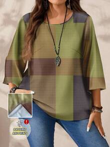 EMERY ROSE 大码女式休闲全身印花圆领宽松 3/4 袖衬衫，秋冬款 - 杏色 - 查看 9