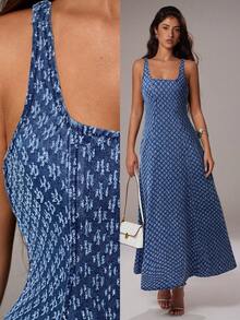 Avantive 夏威夷女装 野餐服 俱乐部服 茶会服 毕业服 派对女装 办公室女装 西部女装 女士优雅长款提花牛仔连衣裙 - 藍色 - 查看 1