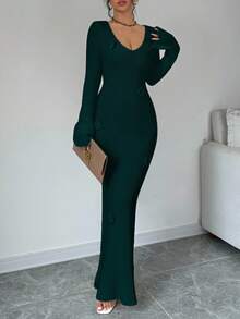 Elenzga Váy len dệt kim dài tay loe họa tiết hoa 3D cổ chữ V sâu thanh lịch dành cho nữ, thích hợp cho đám cưới, tiệc ngày lễ tình nhân, kỳ nghỉ, mặc nhà & ngoài trời, mùa thu/đông - Màu xanh lá cây đậm - Xem 3