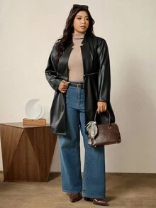 Comfylo 大码女式PU拉链装饰鱼尾长袖外套商务休闲基础款上衣教师返校季外出复古风冬季派对秋季万圣节圣诞节秋季派对 - 黑色 - 查看 4