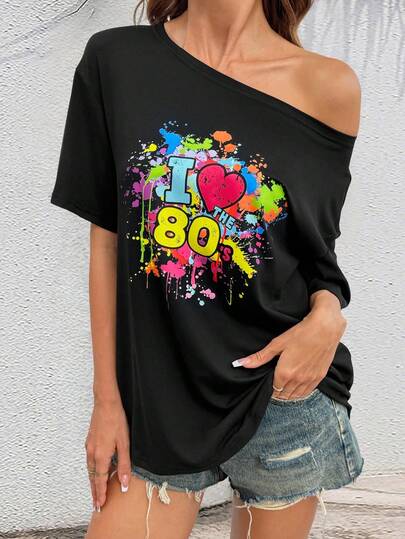 Jag älskar 80-tal kvinnor Söt Disco Oversized Drop Shoulder kortärmad T-shirt