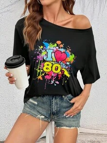 我爱 80 年代女式可爱迪斯科超大落肩短袖 T 恤 - 黑色 - 查看 3