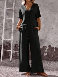EMERY ROSE 女士纯色 V 领短袖上衣和宽松直筒裤 2 件套 - 黑色 - 查看 3