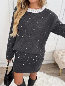 SHEIN LUNE Conjunto elegante de dos piezas gris para otoño para mujer, suéter de manga larga con patchwork de encaje con cuentas y falda, top suelto con borde de lechuga para atuendo de fiesta de cumpleaños - Gris Oscuro - Ver 7