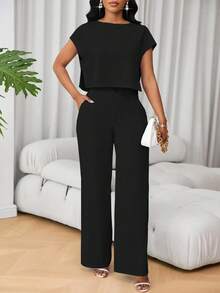 Lunelith SHEIN Lunessa 2pcs/Set Women French Style V-Neck Short Sleeve Top & High Waisted Wide Leg Pants Set, Versatile - Black - View 3