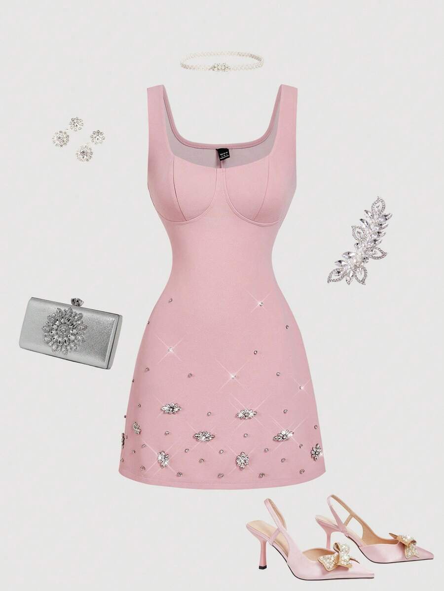 SHEIN MOD 闪亮水钻装饰优雅粉色短裙 - 粉色 - 查看 1