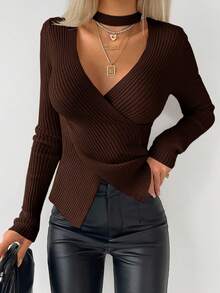 Maglione a maniche lunghe aderente con design a crociera, colore unito, di moda, autunnale, da donna