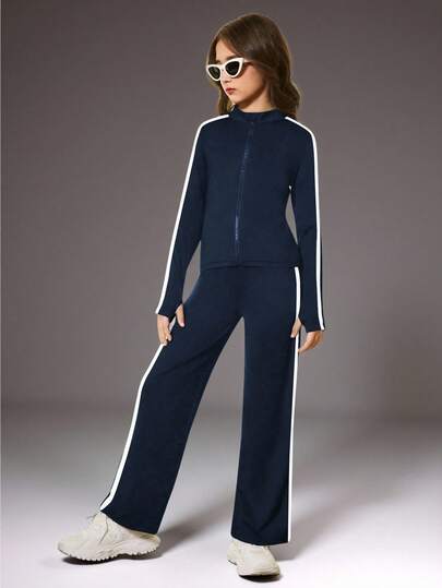 SHEIN Tween 女童海军蓝拼接丝带长袖夹克和直筒裤修身瑜伽服，户外训练休闲跑步透气健身运动套装，普拉提运动服，配套套装四向弹力高弹力