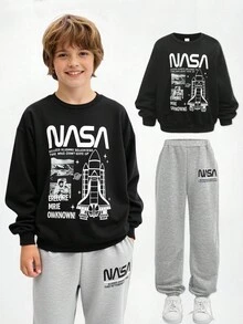 SHEIN 青少年男孩休闲宽松圆领运动衫套装 - 黑色 - 查看 1