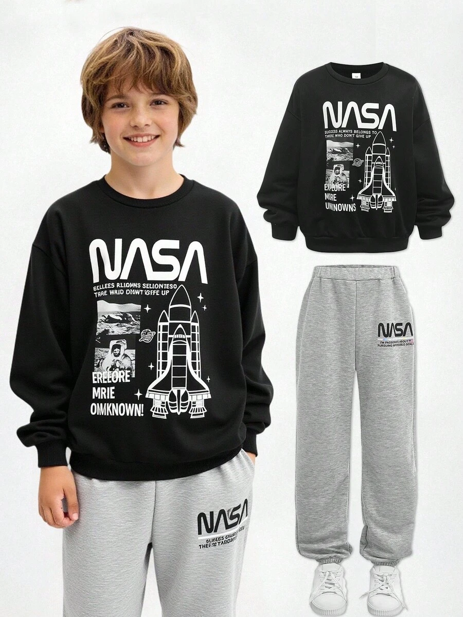 SHEIN 青少年男孩休闲宽松圆领运动衫套装 - 黑色 - 查看 1