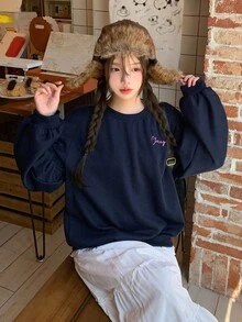 DAZY Women's Embroidered Crew Neck Thermal Lined Long Sleeve Sweatshirt, Autumn/Winter