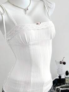 Elamini 春夏女士休闲格子系带腰带吊带背心 - 白色 - 查看 5